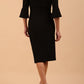 Model wearing diva catwalk Santorini 3/4 Length Bell Sleeve Midi Pencil Dress in Black back