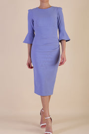 Model wearing diva catwalk Santorini 3/4 Length Bell Sleeve Midi Pencil Dress in Vista Blue front