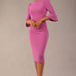 Model wearing diva catwalk Santorini 3/4 Length Bell Sleeve Midi Pencil Dress in Begonia Pink front