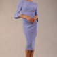 Model wearing diva catwalk Santorini 3/4 Length Bell Sleeve Midi Pencil Dress in Vista Blue front