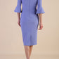Model wearing diva catwalk Santorini 3/4 Length Bell Sleeve Midi Pencil Dress in Vista Blue back