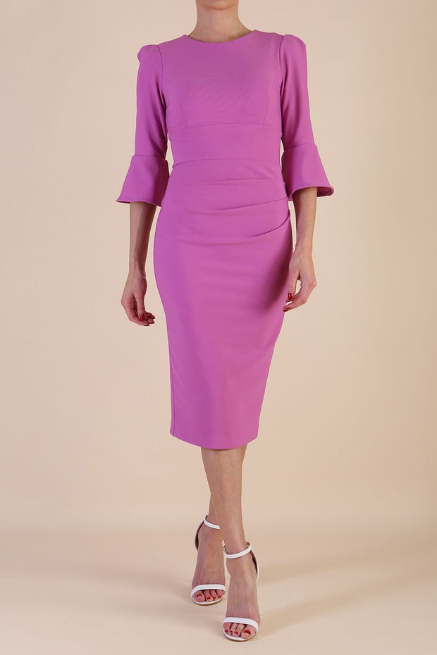 Model wearing diva catwalk Santorini 3/4 Length Bell Sleeve Midi Pencil Dress in Begonia Pink front
