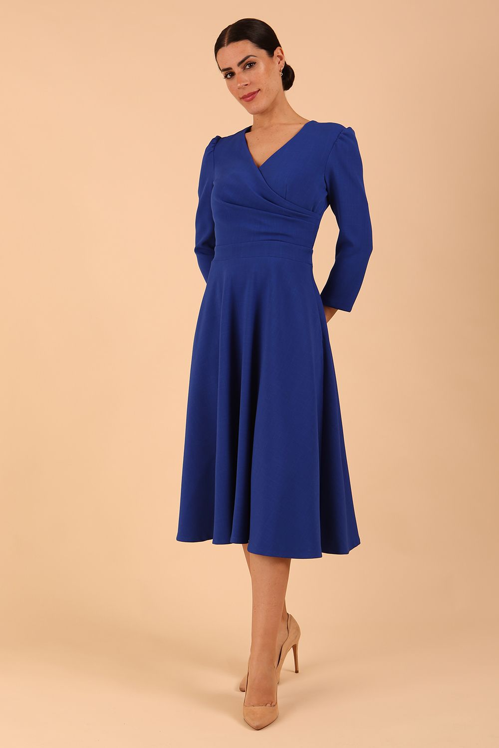 Model wearing diva catwalk Kate 3/4 Length Sleeve A-Line Swing Dress in Cobalt Blue colour