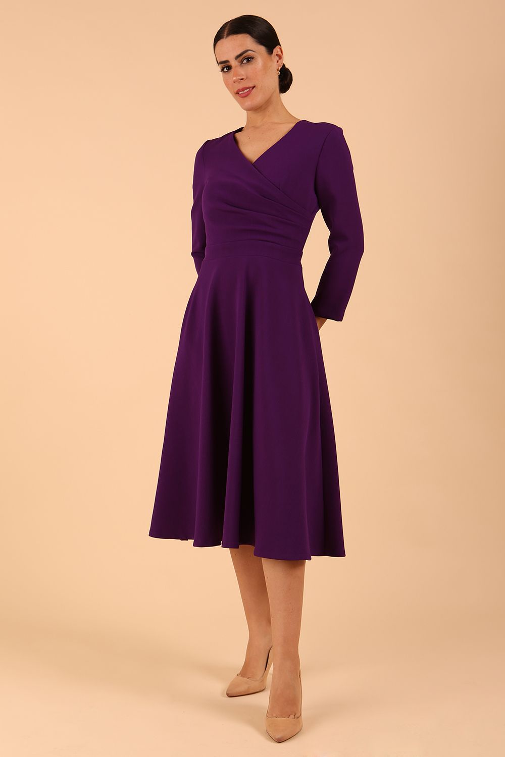 Model wearing diva catwalk Kate 3/4 Length Sleeve A-Line Swing Dress in Deep Purple front