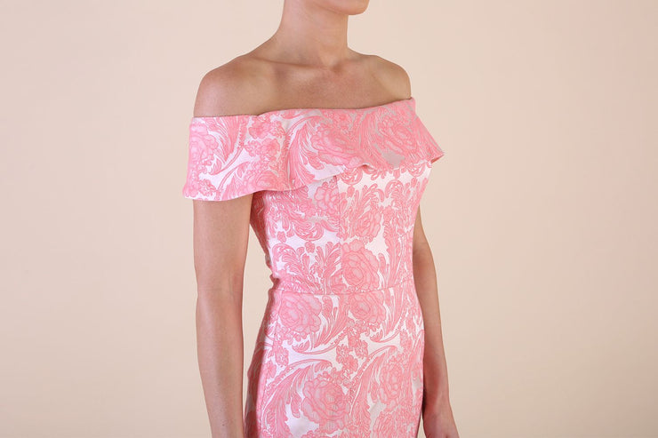 Model wearing diva catwalk Meryl Off Shoulder Floral Jacquard Dress in French Rose Front detail