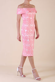 Model wearing diva catwalk Meryl Off Shoulder Floral Jacquard Dress in French Rose side