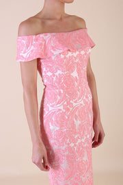 Model wearing diva catwalk Meryl Off Shoulder Floral Jacquard Dress in French Rose side