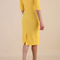 Model wearing diva catwalk Harriet Elbow Sleeve Knee Lenght Jacquard Dress in Lemon colour back