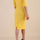 Model wearing diva catwalk Harriet Elbow Sleeve Knee Lenght Jacquard Dress in Lemon colour back
