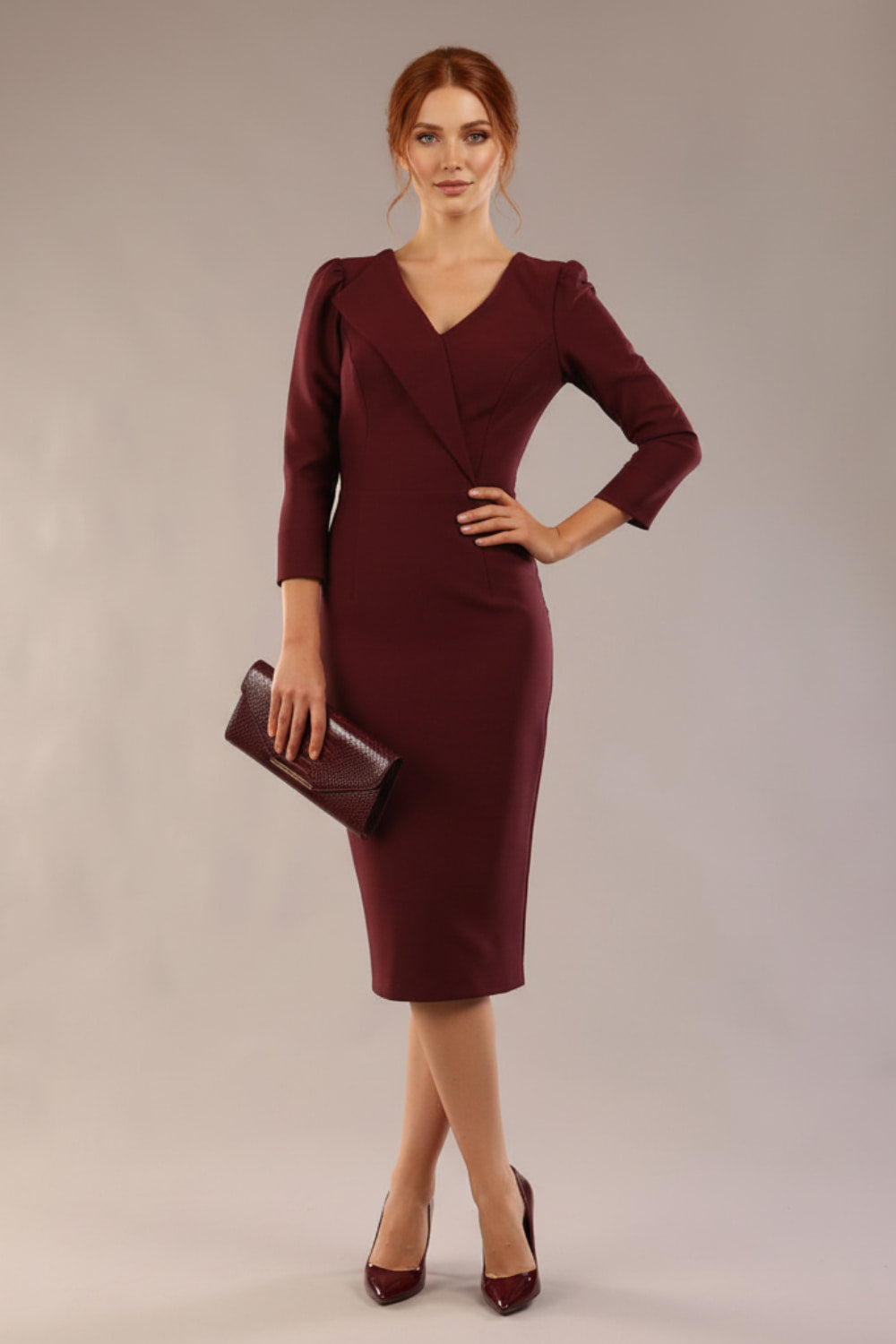 Model is wearing a diva catwalk Cyrus 3/4 Sleeve Pencil skirt Dress in Port Royale front (Port Royale)