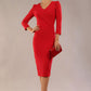 Model is wearing a diva catwalk Cyrus 3/4 Sleeve Pencil skirt Dress in Salsa Red front (Salsa Red)