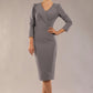 Model wearing diva catwalk Cyrus 3/4 Sleeve Pencil skirt Dress in Sky Grey front (Sky Grey)