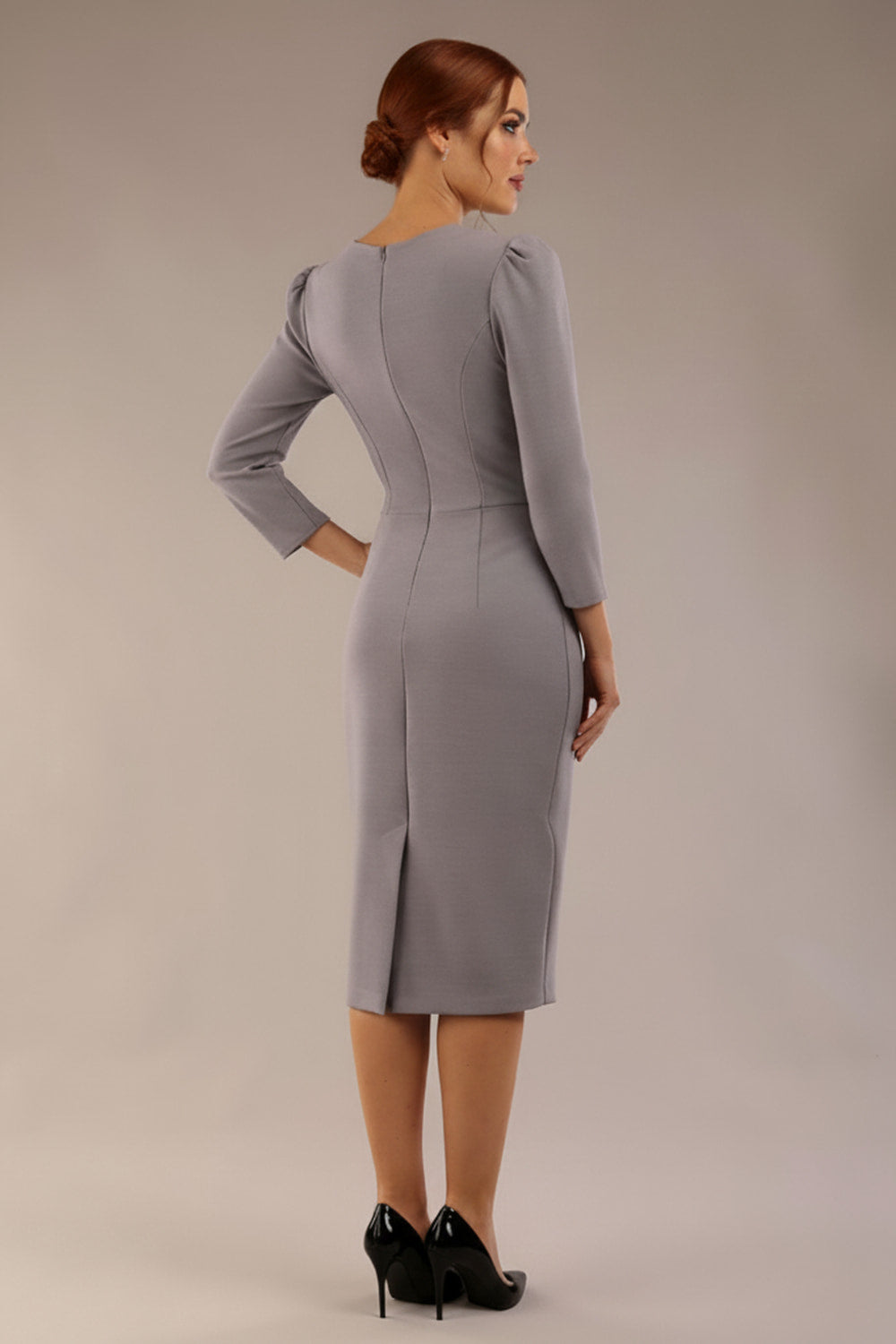 Model wearing diva catwalk Cyrus 3/4 Sleeve Pencil skirt Dress in Sky Grey back (Sky Grey)