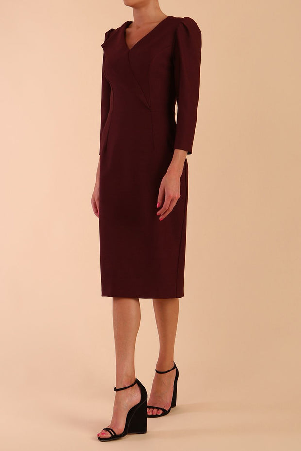 Model wearing diva catwalk Cyrus 3/4 Sleeve Pencil skirt Dress in Port Royale front