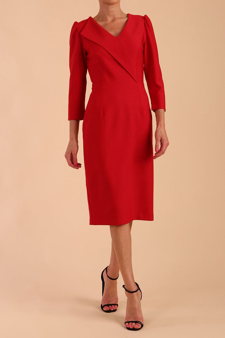 Model wearing diva catwalk Cyrus 3/4 Sleeve Pencil skirt Dress in Salsa Red front