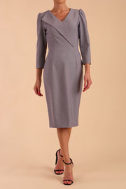 Model wearing diva catwalk Cyrus 3/4 Sleeve Pencil skirt Dress in Sky Grey front