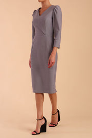 Model wearing diva catwalk Cyrus 3/4 Sleeve Pencil skirt Dress in Sky Grey front
