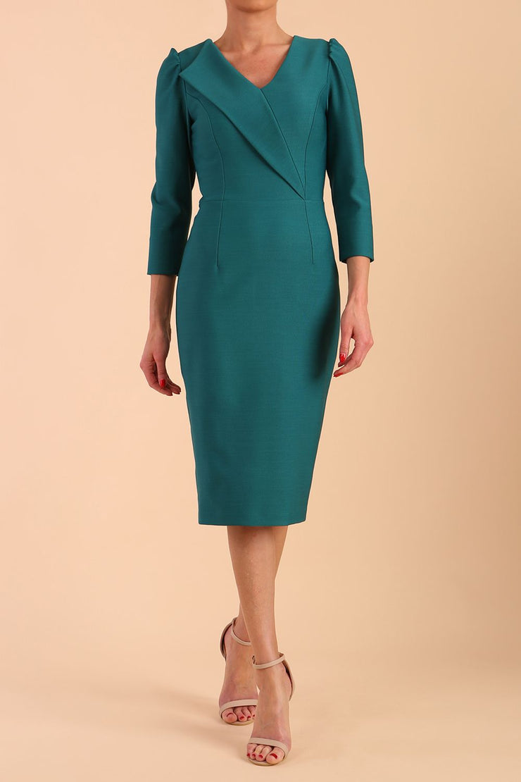 Model wearing diva catwalk Cyrus 3/4 Sleeve Pencil skirt Dress in Pacific Green front