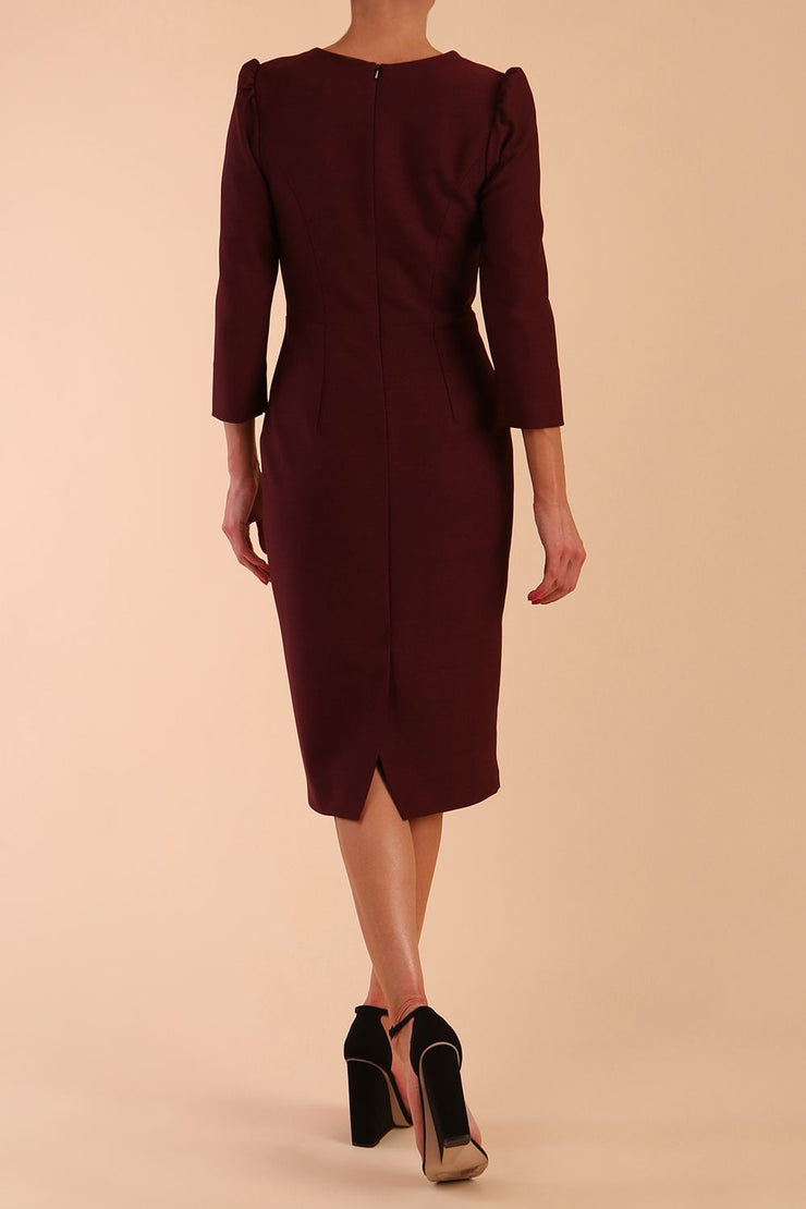 Model wearing diva catwalk Cyrus 3/4 Sleeve Pencil skirt Dress in Port Royale back