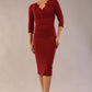 model is wearing a diva catwalk Indira 3/4 Sleeve Knee Length Pencil Dress
collar detail in rio red colour