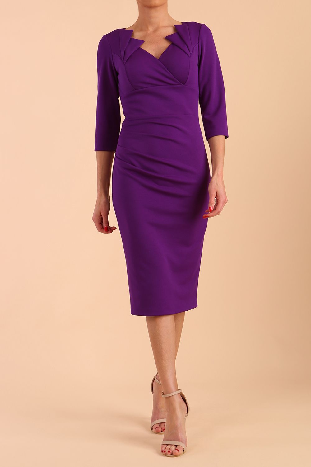 Model wearing diva catwalk Indira 3/4 Sleeve Knee Length Pencil Dress in Passion Purple front