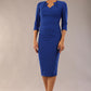 model is wearing a diva catwalk Indira 3/4 Sleeve Knee Length Pencil Dress
collar detail in cobalt blue colour