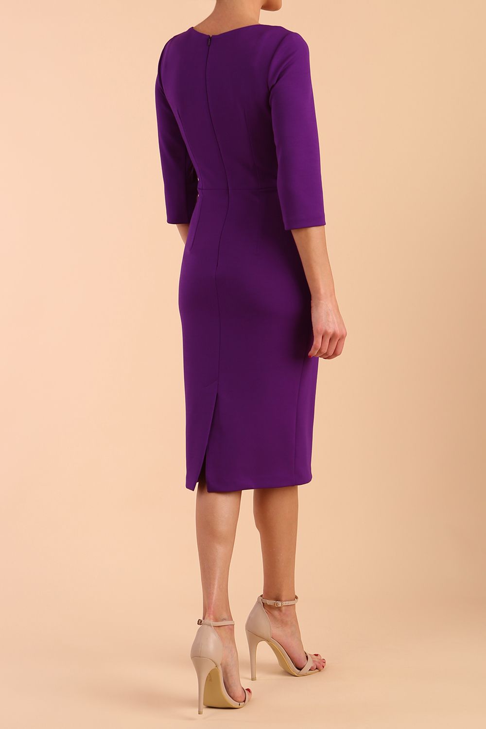 Model wearing diva catwalk Indira 3/4 Sleeve Knee Length Pencil Dress in Passion Purple back