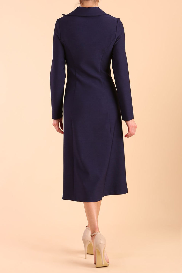 Model wearing diva catwalk Heston Long Sleeve Coat Dress in Navy Blue back