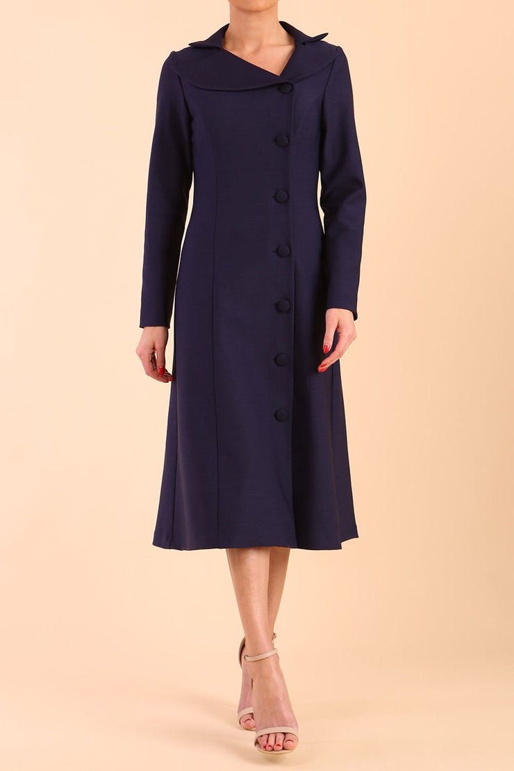 Model wearing diva catwalk Heston Long Sleeve Coat Dress in Navy Blue front