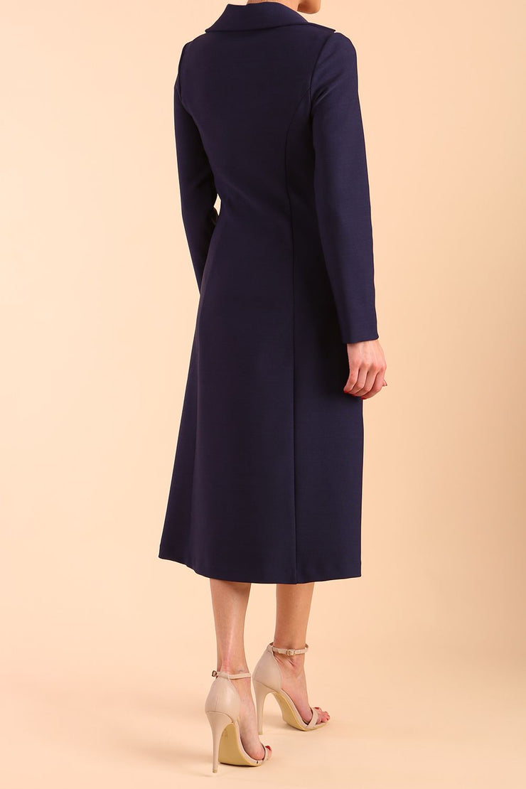 Model wearing diva catwalk Heston Long Sleeve Coat Dress in Navy Blue back