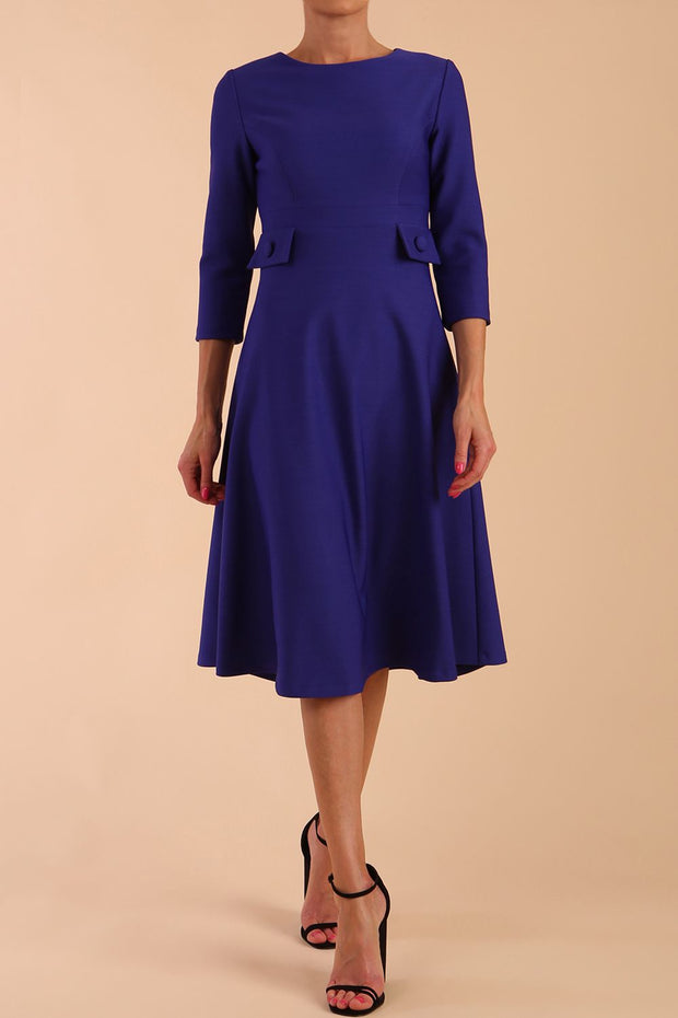 Model wearing diva catwalk Gresham 3/4 Sleeve Knee Length A-Line Dress in Palace Blue front