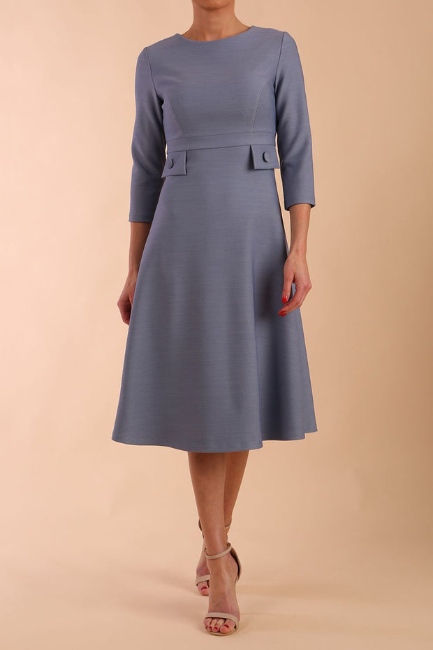 Model wearing diva catwalk Gresham 3/4 Sleeve Knee Length A-Line Dress in Steel Blue front
