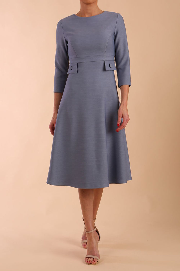 Model wearing diva catwalk Gresham 3/4 Sleeve Knee Length A-Line Dress in Steel Blue front