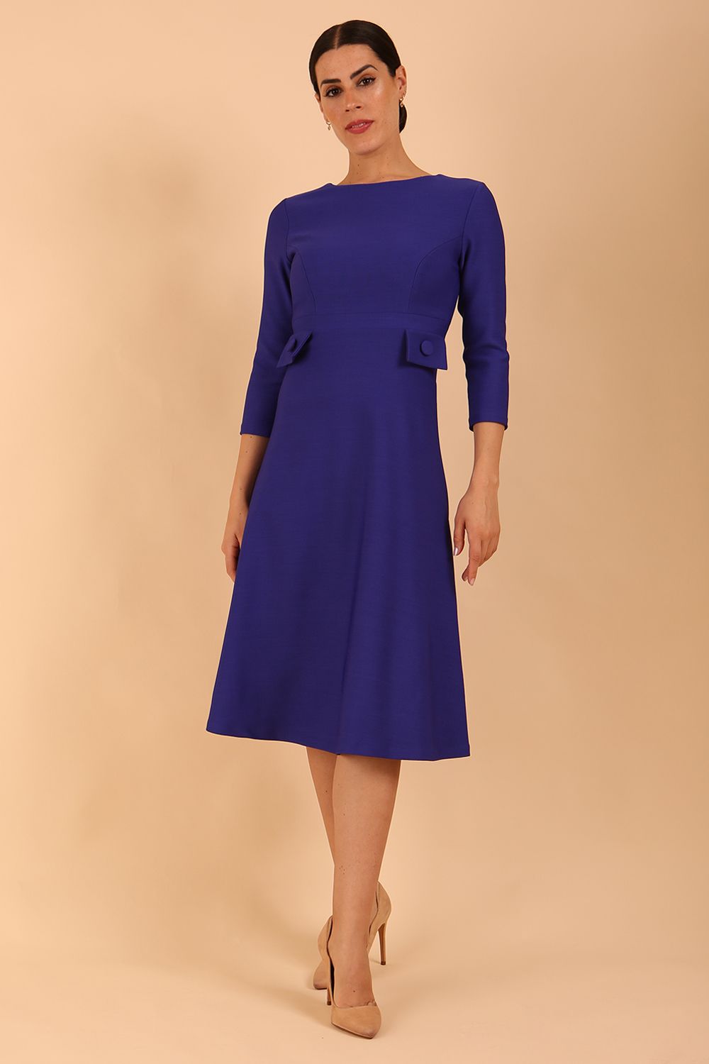 Model wearing diva catwalk Gresham 3/4 Sleeve Knee Length A-Line Dress in Palace Blue  front