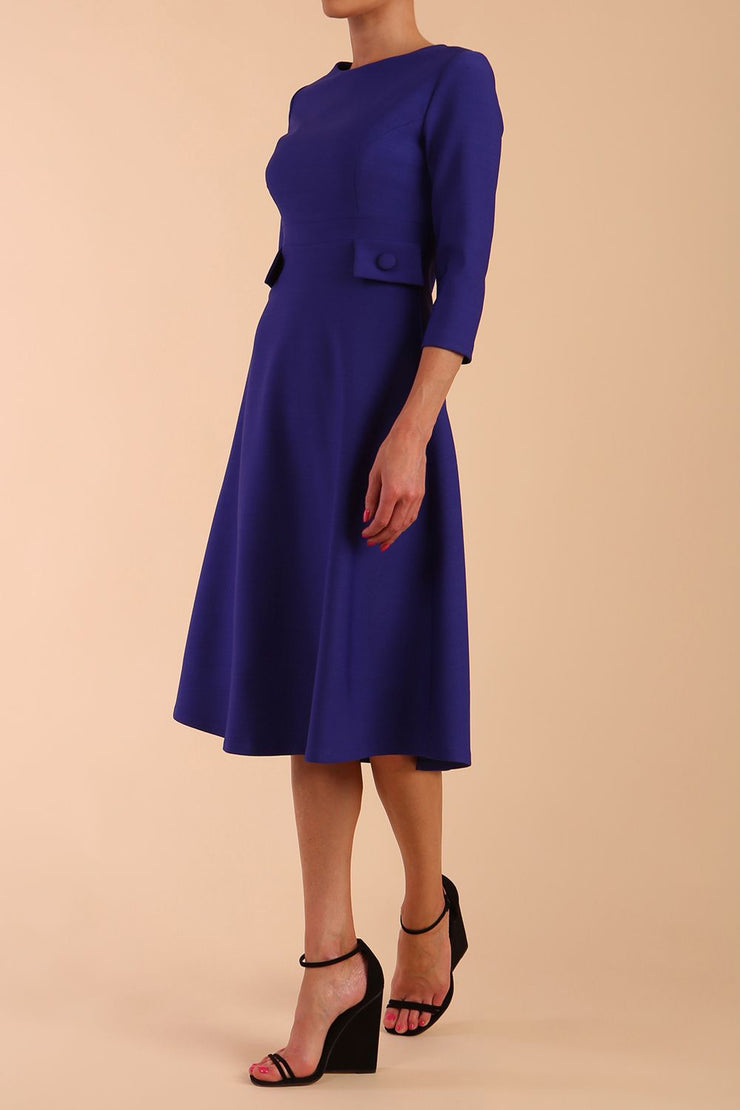 Model wearing diva catwalk Gresham 3/4 Sleeve Knee Length A-Line Dress in Palace Blue side