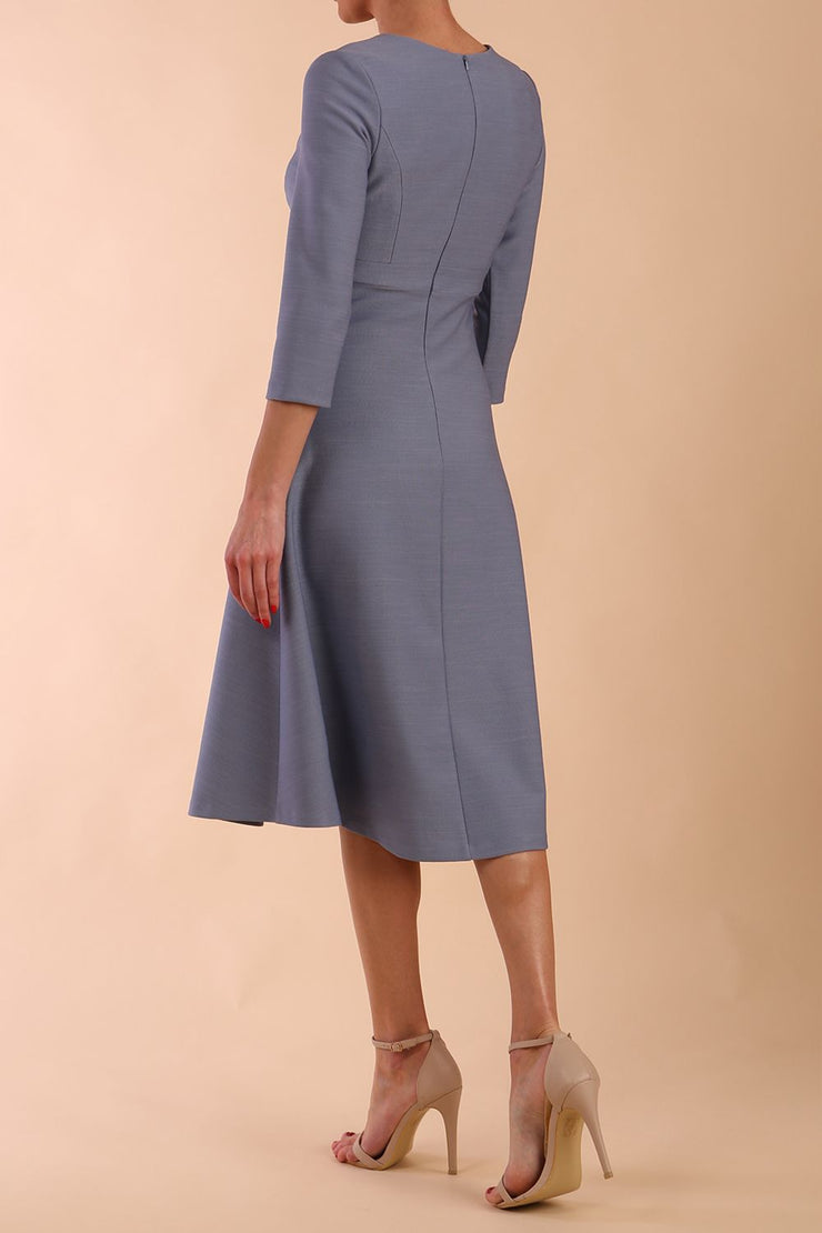 Model wearing diva catwalk Gresham 3/4 Sleeve Knee Length A-Line Dress in Steel Blue back