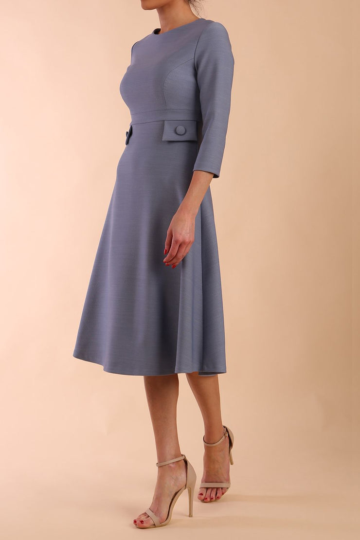 Model wearing diva catwalk Gresham 3/4 Sleeve Knee Length A-Line Dress in Steel Blue side