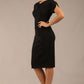 brunette Model wearing a diva catwalk Sheena Short Sleeve with an open split Knee Length Pencil Dress with Diamond Neckline in Black colour front