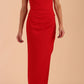Model wearing Sabrina Maxi Dress with square neckline, sleeveless style, pleating details and side open split, open back in Scarlet Red front 