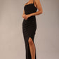 Model wearing Sabrina Maxi Dress with square neckline, sleeveless style, pleating details and side open split, open back in Black