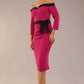 Model wearing a diva catwalk Brittany Off Shoulder Bow detail Pencil Dress with 3/4 sleeves and knee length in Magenta Haze and Navy Blue colour