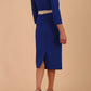 Model wearing a diva catwalk Brittany Off Shoulder Bow detail Pencil Dress with 3/4 sleeves and knee length in Cobalt Blue and Sandshell Beige colour back