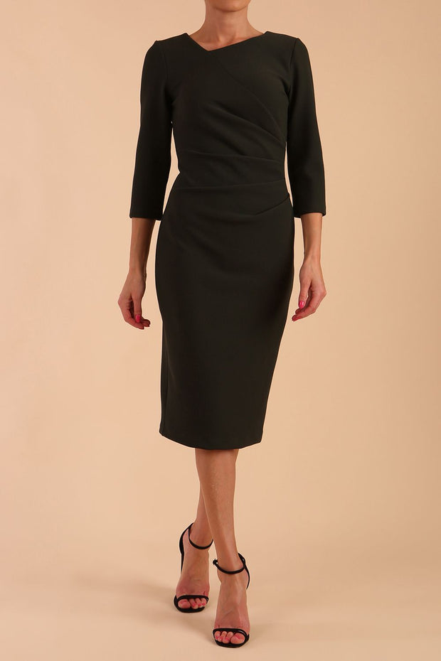 Model wearing DIVA Catwalk Peppard 3/4 Sleeve Pencil Dress in Cameo fabric knee length in black colour front image 
