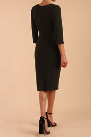 Model wearing DIVA Catwalk Peppard 3/4 Sleeve Pencil Dress in Cameo fabric knee length in black colour back side image 