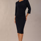 Model wearing DIVA Catwalk Peppard 3/4 Sleeve Pencil Dress in Cameo fabric knee length in navy colour front image 