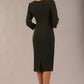 Model wearing DIVA Catwalk Peppard 3/4 Sleeve Pencil Dress in Cameo fabric knee length in obsidian green colour back image 