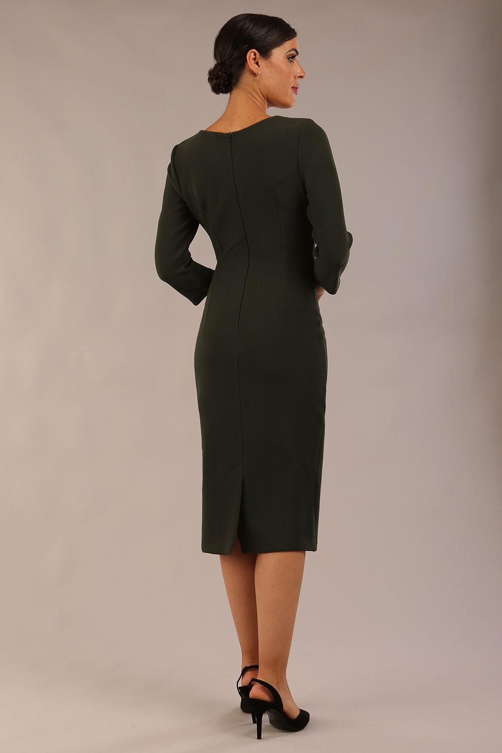 Model wearing DIVA Catwalk Peppard 3/4 Sleeve Pencil Dress in Cameo fabric knee length in obsidian green colour back image 