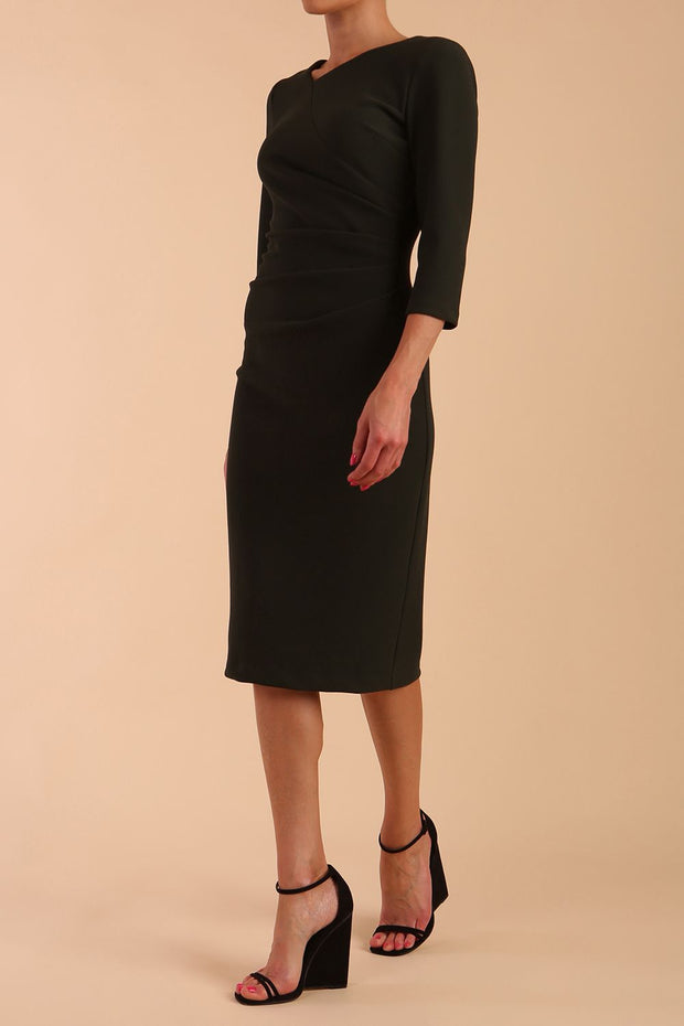Model wearing DIVA Catwalk Peppard 3/4 Sleeve Pencil Dress in Cameo fabric knee length in black colour front side image 