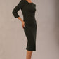 Model wearing DIVA Catwalk Peppard 3/4 Sleeve Pencil Dress in Cameo fabric knee length in obsidian green colour front side image 