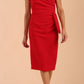 Model wearing diva catwalk Syon Short Sleeved Pencil Dress with tie detail at the waist area in True red colour front 
